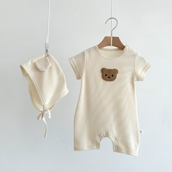 【韓国スタイル】ボンネット付きクマさんロンパース(アイボリー)
