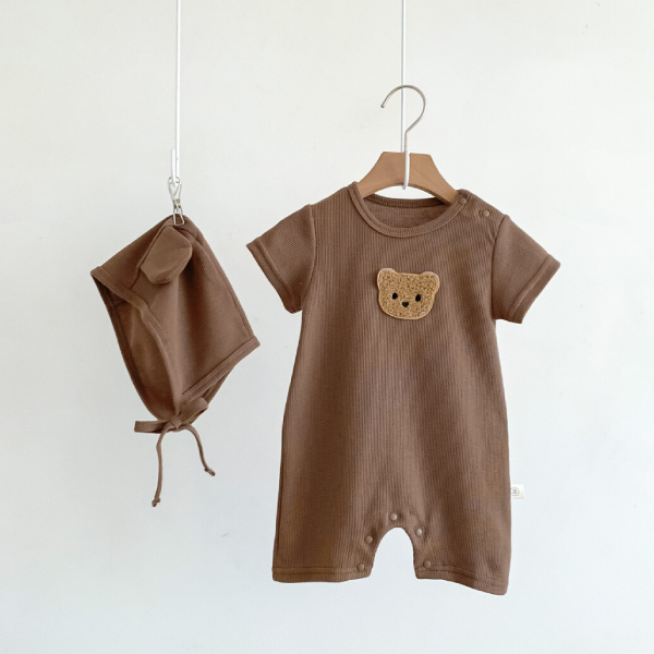 【韓国スタイル】ボンネット付きクマさんロンパース(ブラウン)